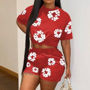 Round Neck Short Sleeve Top and Shorts Printed Two-piece Set